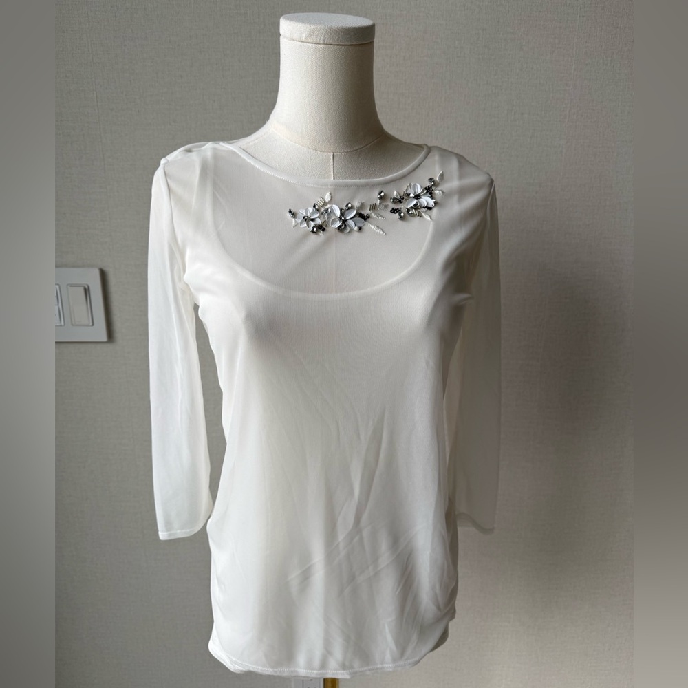 White House Black Market White Long-Sleeve Embellished Scoop Neck Top